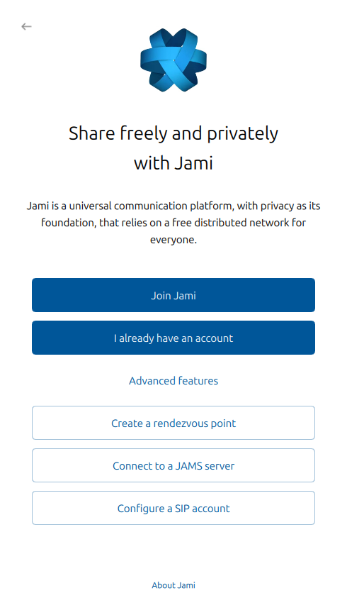 «Image: Connect to JAMS with Jami desktop clients for GNU/Linux, macOS, and Windows devices: Step 1»