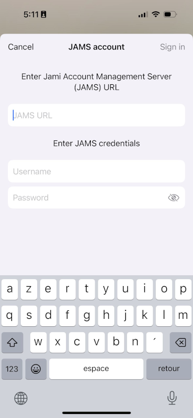 «Image: Connect to JAMS with Jami mobile clients for iOS (iPhone and iPad) devices: Step 2»