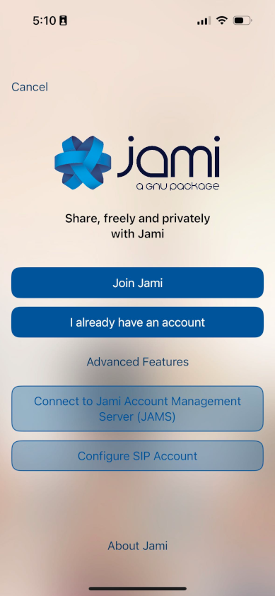 «Image: Connect to JAMS with Jami mobile clients for iOS (iPhone and iPad) devices: Step 1»